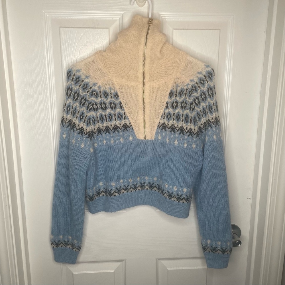 J. Crew Fair Isle Half-Zip Sweater Brushed Yarn Alpaca Wool Blend Cream/Blue XS - Picture 4 of 12
